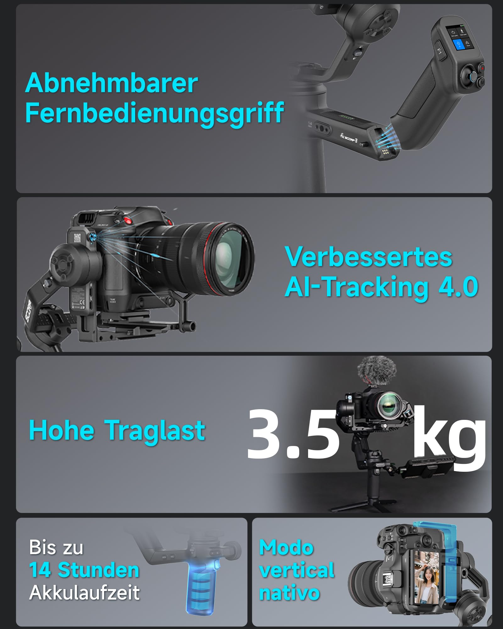 [Offiziell] FeiyuTech SCORP 3 DSLR Gimbal – 3,5 kg Traglast, 3-Achsen Kamera Stabilisator mit AI-Tracking, vertikale Aufnahme, 14 h Laufzeit, Remote-Griff, für Sony/Canon/Nikon 2