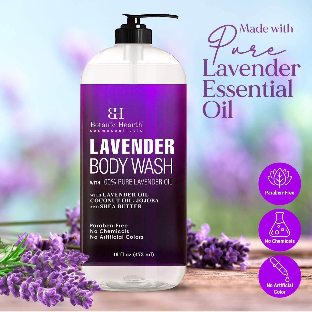 BOTANIC HEARTH Lavender Body Wash for Women & Men and Shower Gel - with Peppermint Oil - Fights Acne, Soothes Eczema and Dry Irritated Skin, Sulfate and Paraben Free - 16 fl oz : Beauty