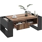 Merax Modern Industrial Style Coffee Table with 1 Drawer & Storage Shelf, Wood Grain Living Room Sofa Table, Storage Compartm