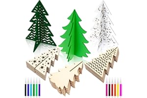 Blosssound 48 Pcs Christmas Craft Set 36 Wood Tree Crafts 3D Christmas Tree Cutouts with 12 Colored Markers Wooden Unfinished Slices to Paint for Xmas Winter DIY Handmade Tiered Tray Decor
