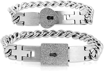 2 PCS Lock Interlock Key Bracelet Titanium Steel Couples Bracelet Bangle Jewelry Romantic Gift for Valentines Day, Birthday Gift for Couples Lover