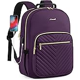 LOVEVOOK Laptop Backpack Purse for Women, Work Travel Computer Bags, College School Backpack for Student Girl, Quilted Casual Daypack with USB Port, Fit 15.6 Inch Laptop, Deep Plum