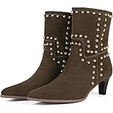 baobeijiadao Ankle Boots for Women Pointed Toe Low Kitten Heel Booties Slip On Rivet Boots