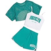 Verdusa Girl's 3 Piece Cute Outfits Letter Print Cami Top Track Shorts Short Sleeve Hollow Out Tee
