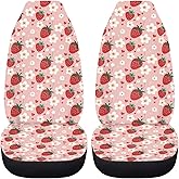 FUIBENG 2 Pcs Strawberry Car Seat Covers Set Pink Heart Daisy Strawberry Auto Front Seat Cushion Breathable Vehicle Bucket Seat Covers Protection Accessory for Women