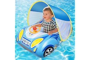 Baby Pool Float with Canopy: Baby Swimming Float with UPF50+ Sun Protection & Toy Play Steering Wheel with Patch Kit Baby Flo