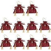 PATIKIL Velvet Gift Drawstring Bags 6 x 6.3 Inch, 10Pcs Velvet Pouches Wedding Candy Bags with Pearl and Tassels for Christmas Jewelry Party Favor, Wine Red Gold