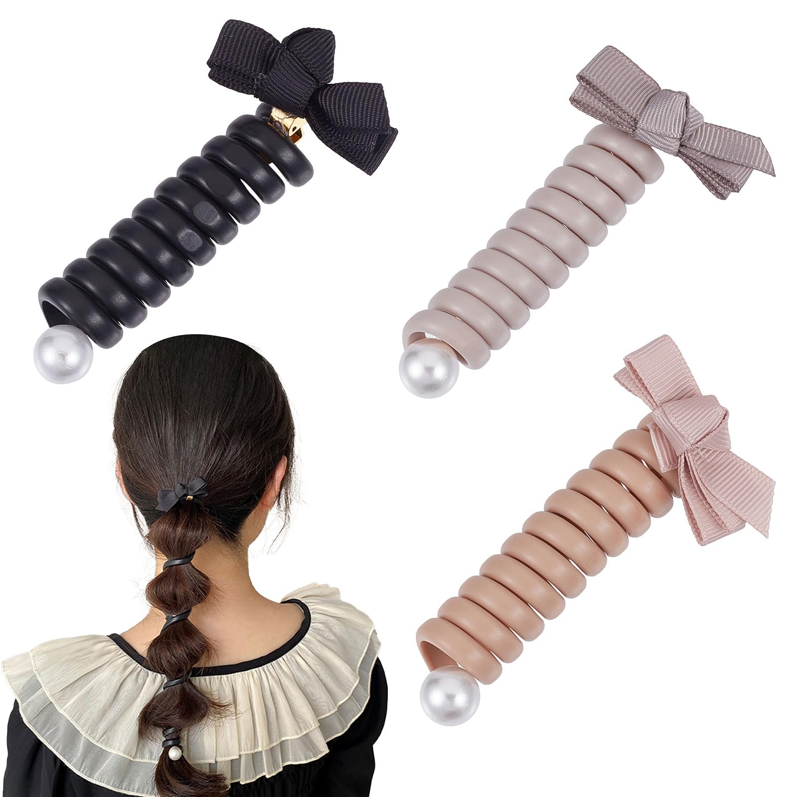 NICENEEDED NICENEEDED 4 PCS Bowknot Braided Telephone Wire Hair Bands, Phone Cord Straight Spiral Hair Ties, Colorful Elastic Ponytail Holder Accessories for Women