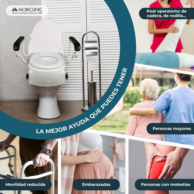 ®, Elevador wc para adultos con reposabrazos, Tajo, 19 cm, Ancianos, Tapa y abatibles, De inodoro, Regulable en 3 alturas, Inclinable, Blanco