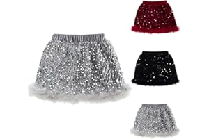 Sequins Tutu Skirts for Girls Faux 𝐅𝐮𝐫 Trim Princess Birthday Party Skirt Kids Toddler Elastic Waist Stage Dress