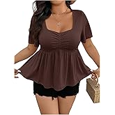 BEAUDRM Women's Plus Size Peplum Tops Ruffle Short Sleeve Ruched Babydoll Tops Going Out T Shirts