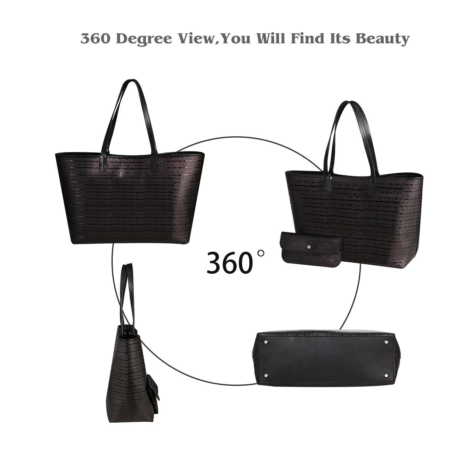 Genuine Leather Tote Bag Caphill Lady Designer Handbags Large Cowhide Shoulder Bags for Women 2 Pieces Shopping Bag Fashion Purse Clutches Bags Black