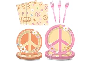 ZOIIWA 96 Pcs Groovy Birthday Party Supplies for 24 Guests Hippie Peace Sign Tableware Plates Napkins 60's 70's Two Groovy Retro Dinnerware Table Decorations Hippie Party Favor for Birthday Baby Shower Decor