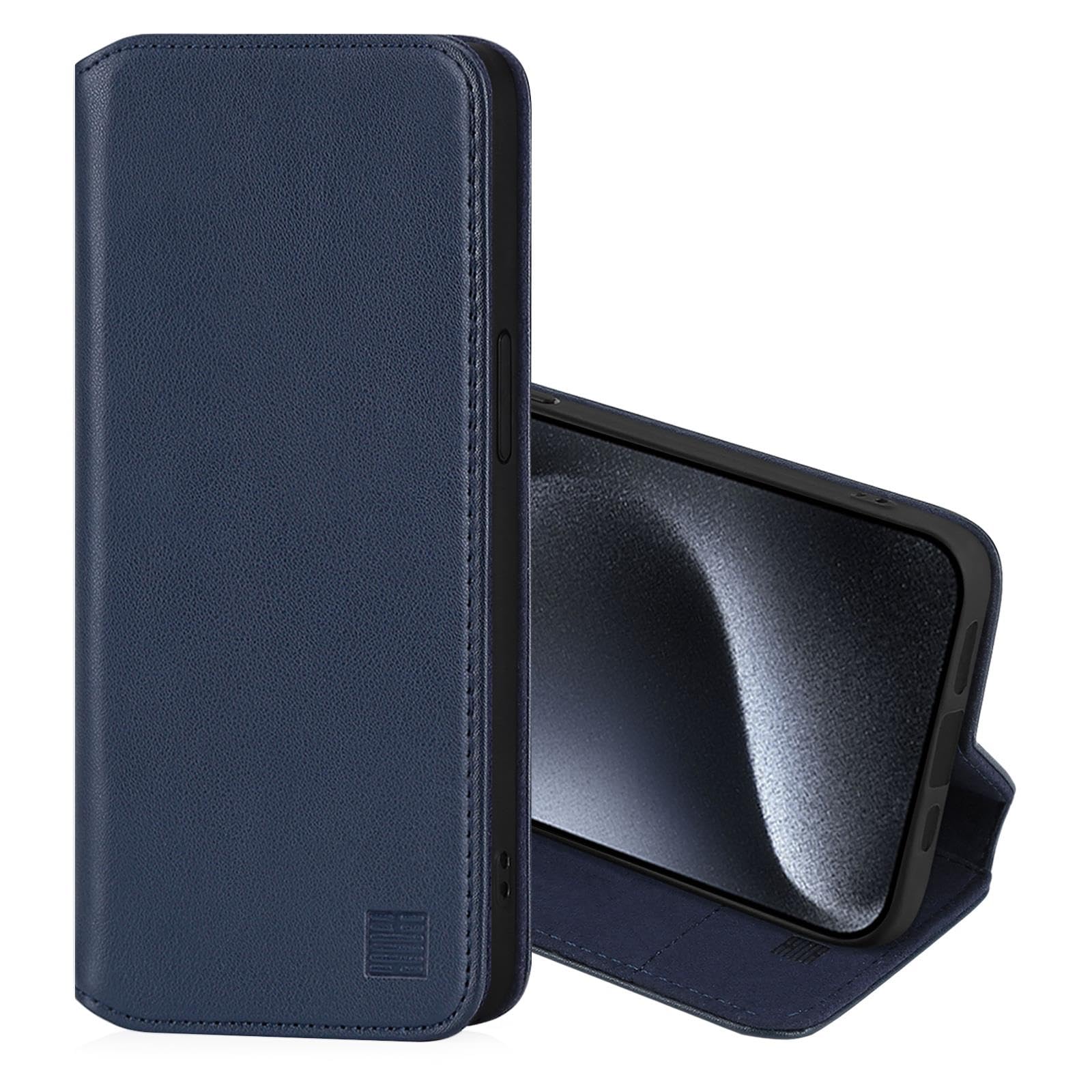 32nd Classic Series 2.0 - Real Leather Book Wallet Flip Case Cover For Apple iPhone 15 Pro Max (6.7"), With RFID Blocking Card Slot, Magnetic Closure and Built In Stand - Navy Blue