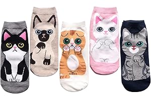 5 Pairs Cute Cat Socks for Women Girls, Funny Animal Themed Cotton Crew Socks, Novelty Dog & Cat Socks