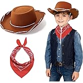 Toddler Cowboy Hat & Bandana, Felt Cowboy Hats for 3-8, Western Cowgirl Halloween Costume for Kids, Boy and Girl