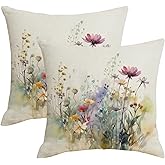 AWJTNCQ Spring Summer Floral Throw Pillow Covers 18x18 Set of 2 Colorful Wildflower Outdoor Pillows Cover Watercolor Flowers Rustic Farmhouse Linen Decorative Cushion Case for Couch Bed Decor