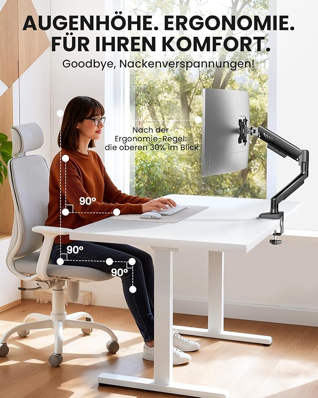 Monitor Halterung für 13-34 Zoll Bildschirme [Upgraded - Schluss mit Absacken] Monitor Arm Werkzeuglose Schnellmontage bis 9kg, Monitorhalterung mit Kabelmanagement, VESA 75 & 100 mm