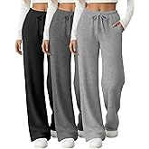 Sweetyweee 3 Pack Women's Ribbed Knit Lounge Pants Comfy Wide Leg Slacks with Pockets Loose Yoga Sweatpants Casual Joggers