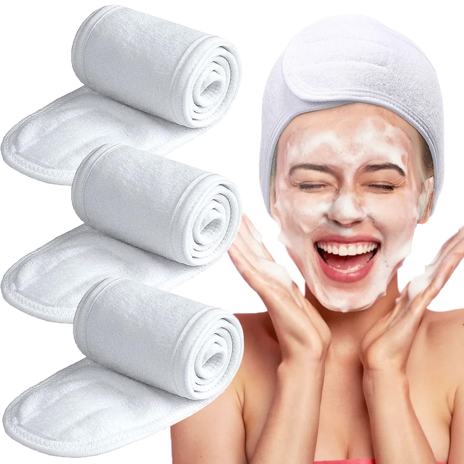 Spa Headband – 3 Pack Adjustable Facial Headband, Women Facial Makeup Head Band Head Wraps for Shower Washing Face (White)