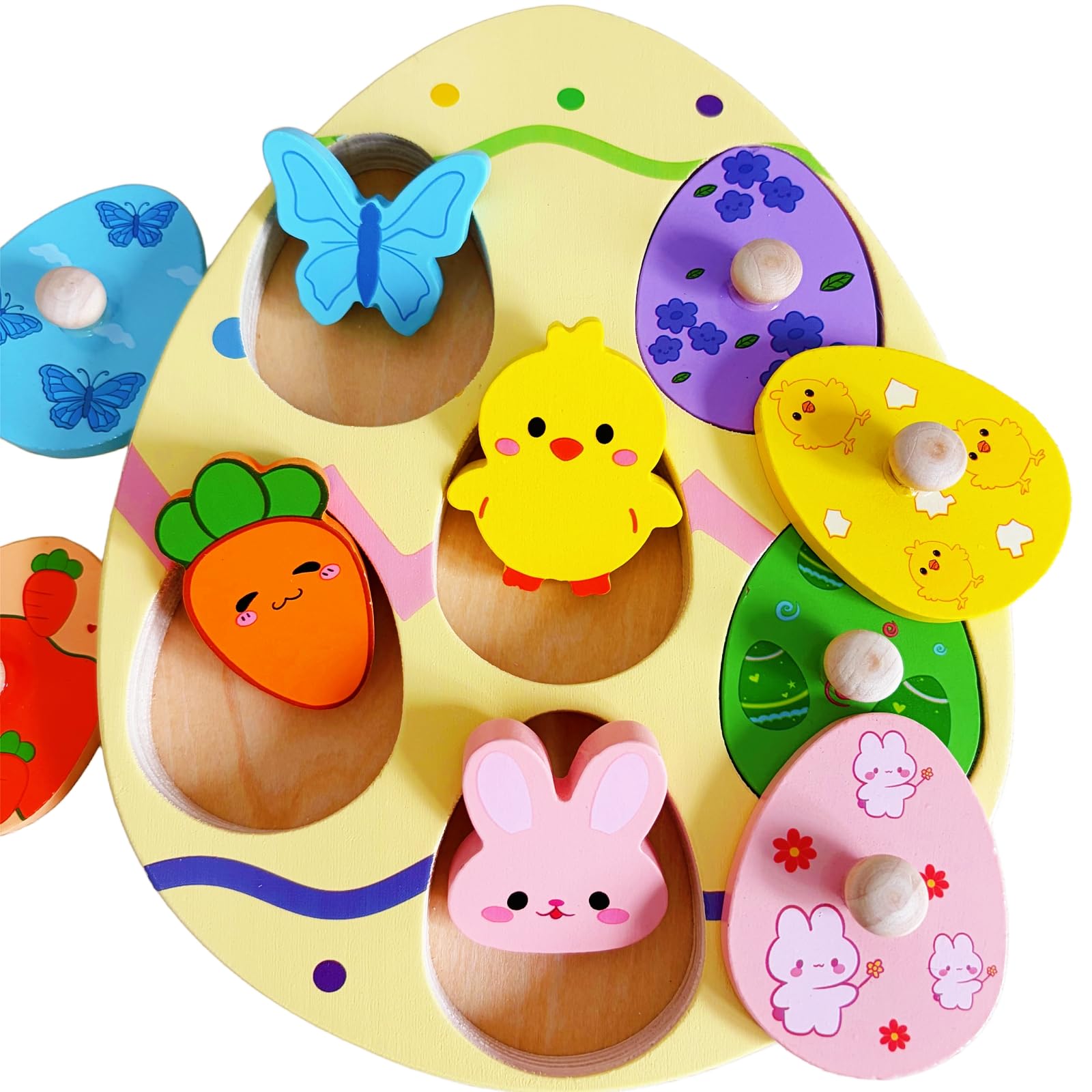 Easter Wooden Peg Puzzle for Toddlers 1 2 3 Years, 6 Colors & Shape Matching Pieces, Montessori Educational Learning Toys Easter Basket Stuffers