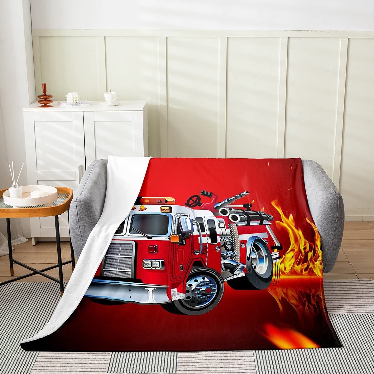 All Season Fire Truck Bed Blanket Kids,Fireman 3D