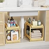 Bamboo Under Sink Organizer Adjustable Height 2 Tier Bathroom Organizer Pull Out Cabinet Storage Kitchen Heave Duty Wood Slide Ou Shelf for Kitchen Bathroom (Black, 2 Packs) (Nature, 2 Packs)