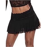 RoseSeek Women's Lace Mesh Y2K Going Out Skirts Layered Ruched Ruffle Low Waist Mini Skirt Coquette Streetwear Skirt Skort