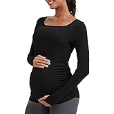 MathCat Maternity Long Sleeve Shirt with Thumbleholes, Maternity Tops Squar Neck Side Ruched Pregnancy Yoga Casual Tee