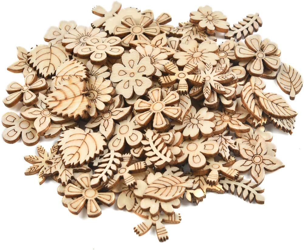 300 PCS Wooden Embellishments, Mixed Wood Flower Leaves Crafts