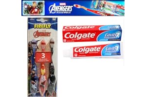 Firefly Avengers Toothbrush Pack (3) Toothpaste Kit Features Avenger Characters Iron Man Captain America Black Panther Travel Dental Set for Kids.