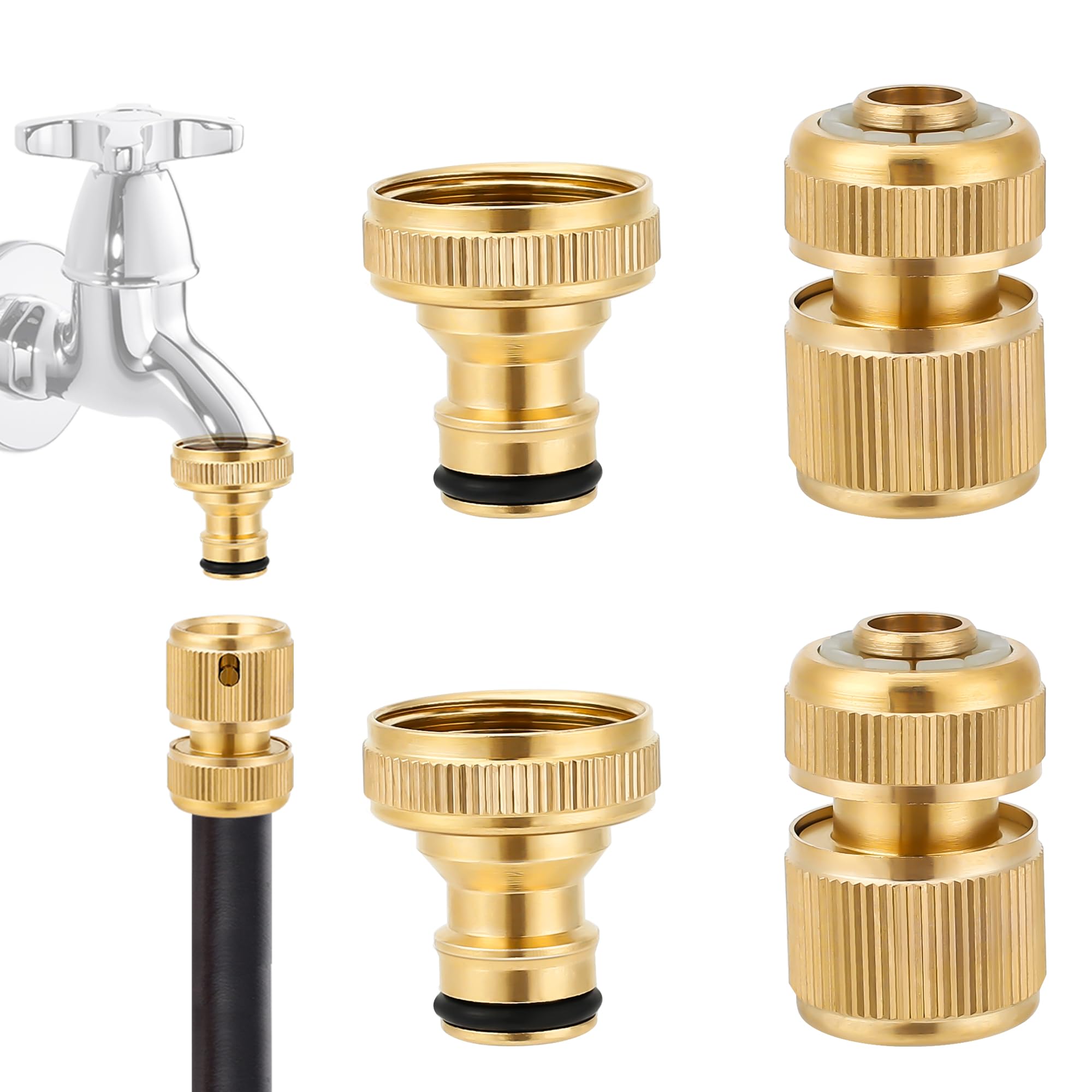 Sylken 4Pcs Brass Hose Fitting Set,Hose 1/2" End Quick Connectors,3/4" Female Thread Tap Connector,Solid Brass Garden Faucet Connectors for Repairing and Connecting Garden Hose Pipes