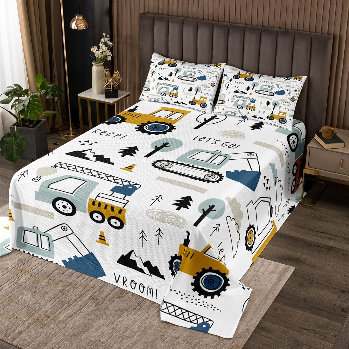 Loussiesd Set copriletto per bambini in stile cartone animato per bambini set di attrezzature per la decorazione camion trapuntato copriletto auto escavatore trattore bianco giallo170X230cm