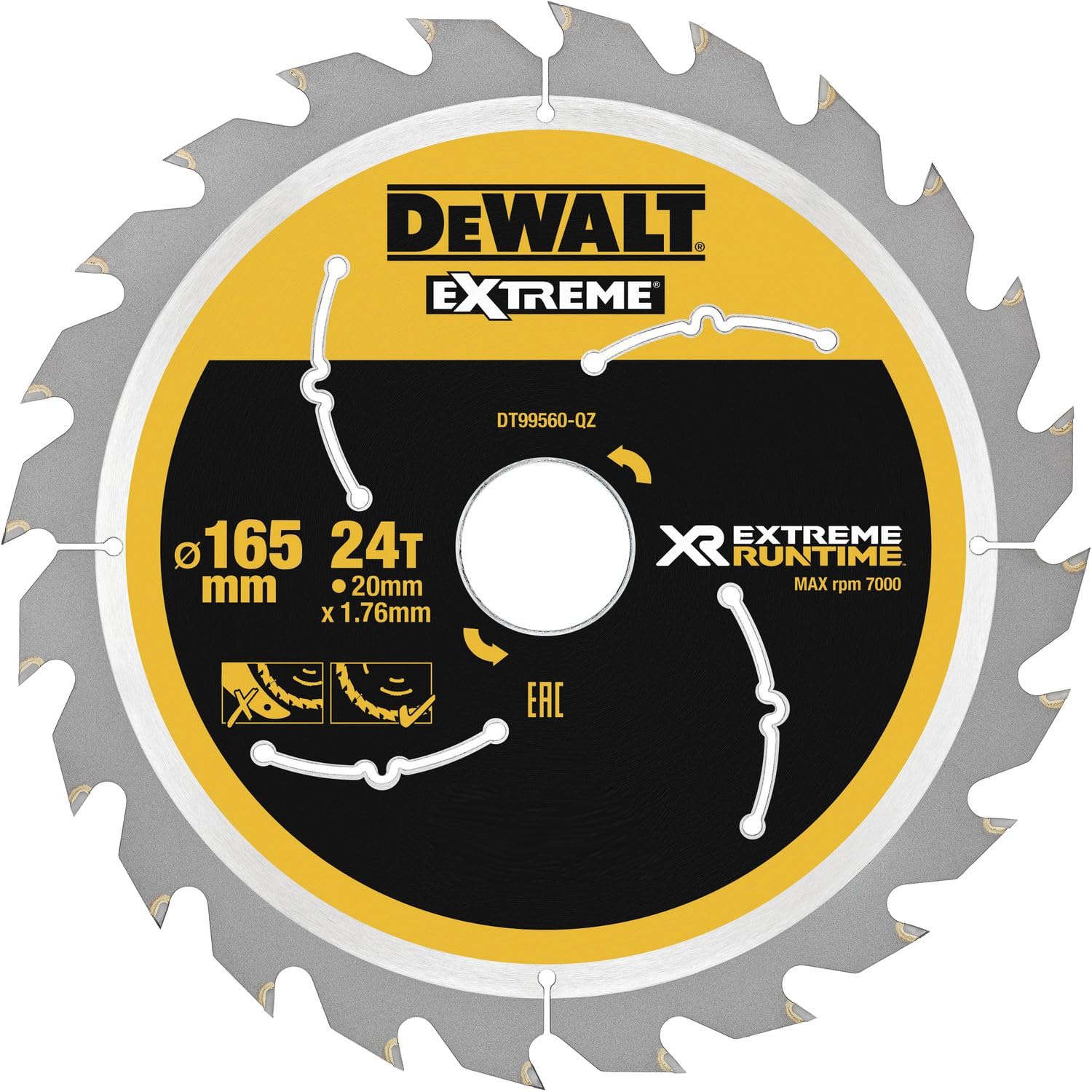 Dewalt DT99560-QZ DT99560-QZ-Hojas para Sierra Circular portátil XR Extreme RUNTIME 165mm x 20mm 24D, black/yellow