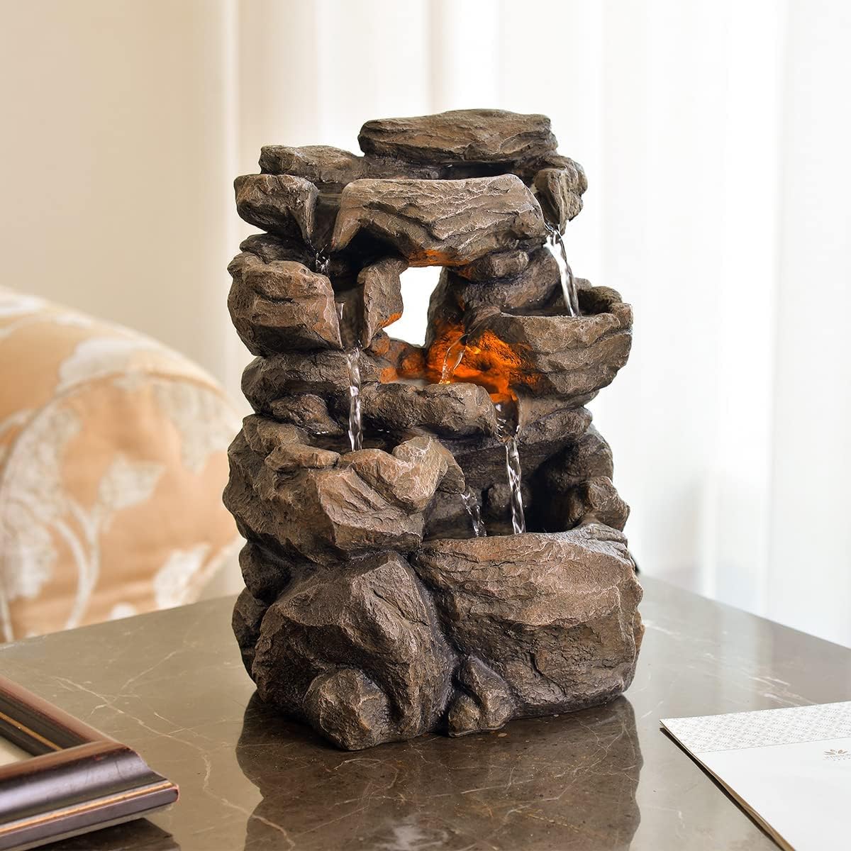 Indoor Fountains & Accessories - Haobos Cascading Tabletop Water Fountains with LED Light - Indoor Rockery Waterfall Fountain - Quiet and Relaxing Water Sound - Small 9.7 Inch Desktop Size - Home/Office Decor