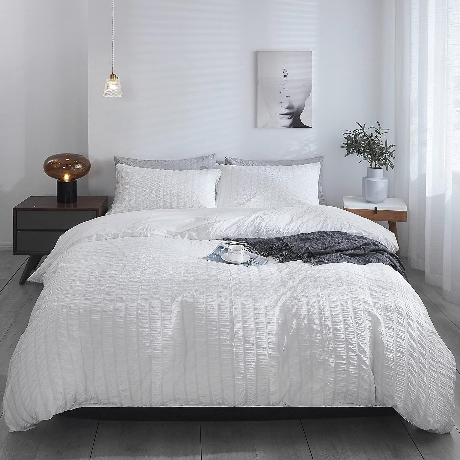 Seersucker Bedding Set Super King Duvet Cover Sets 100% Cotton White Waffle Quilt Covers with Pillowcases