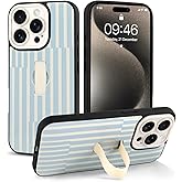 Jefonha Compatible with iPhone 15 Pro Case with Finger Hand Strap Kickstand, Trendy Cool Striped Phone Case for Women Men, Full Camera Protection Shockproof Protective Cover, White and Blue Stripes