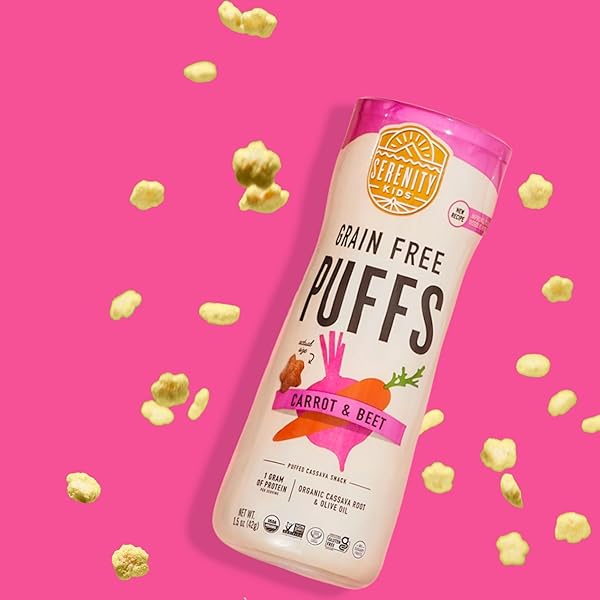 SERENITY KIDS 6+ MONTHS GRAIN FREE PUFFS TODDLER & BABY SNACK | NO ADDED SUGAR, GLUTEN & RICE FREE, ALLERGEN FREE | MADE WITH ORGANIC CASSAVA, VEGGIES, AND HERBS | CARROT & BEET | 1 COUNT