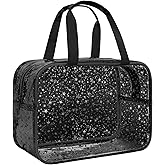 Junesters Clear Black Star Large Makeup Bag with Star Pattern 12x5x8 inch, Travel Cosmetic Bag with Handle, Durable PVC Material Washbag Zipper Opening Design for Makeup Travel Organizer or Gym Use