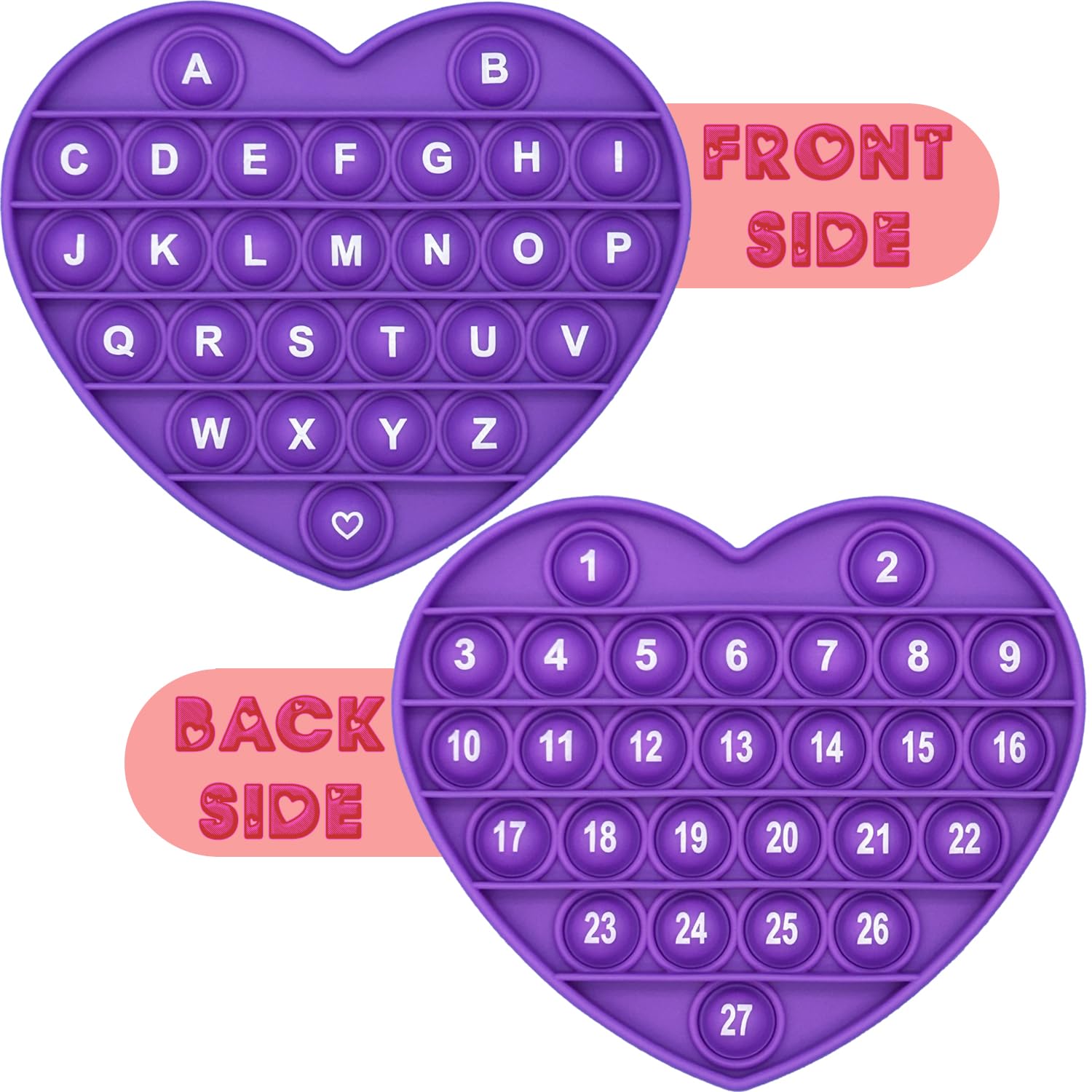 PETBSNVB Purple Heart Shaped Pop Bubble Valentines Fidget Toy with Letters and Numbers, Xmas Gift Sensory Toy with Alphabets Kids Birthday Party Classroom Prize Stress Reliever