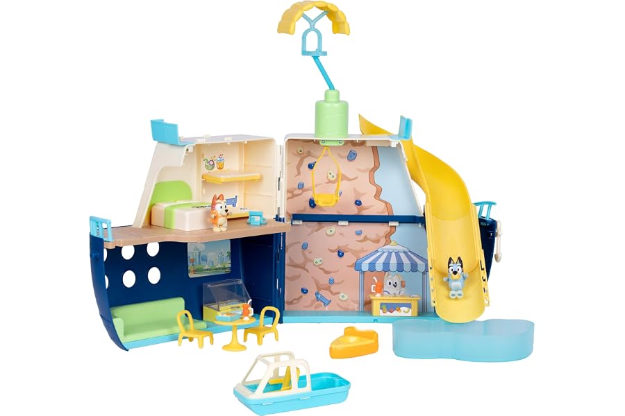 BLUEY Cruise Ship Playset with Slide, 15+ Accessories, 2 Figures | Opens to 23.8 inches wide with 5 play areas, detachable speedboat, parasail, and sticker sheet for doll playsets