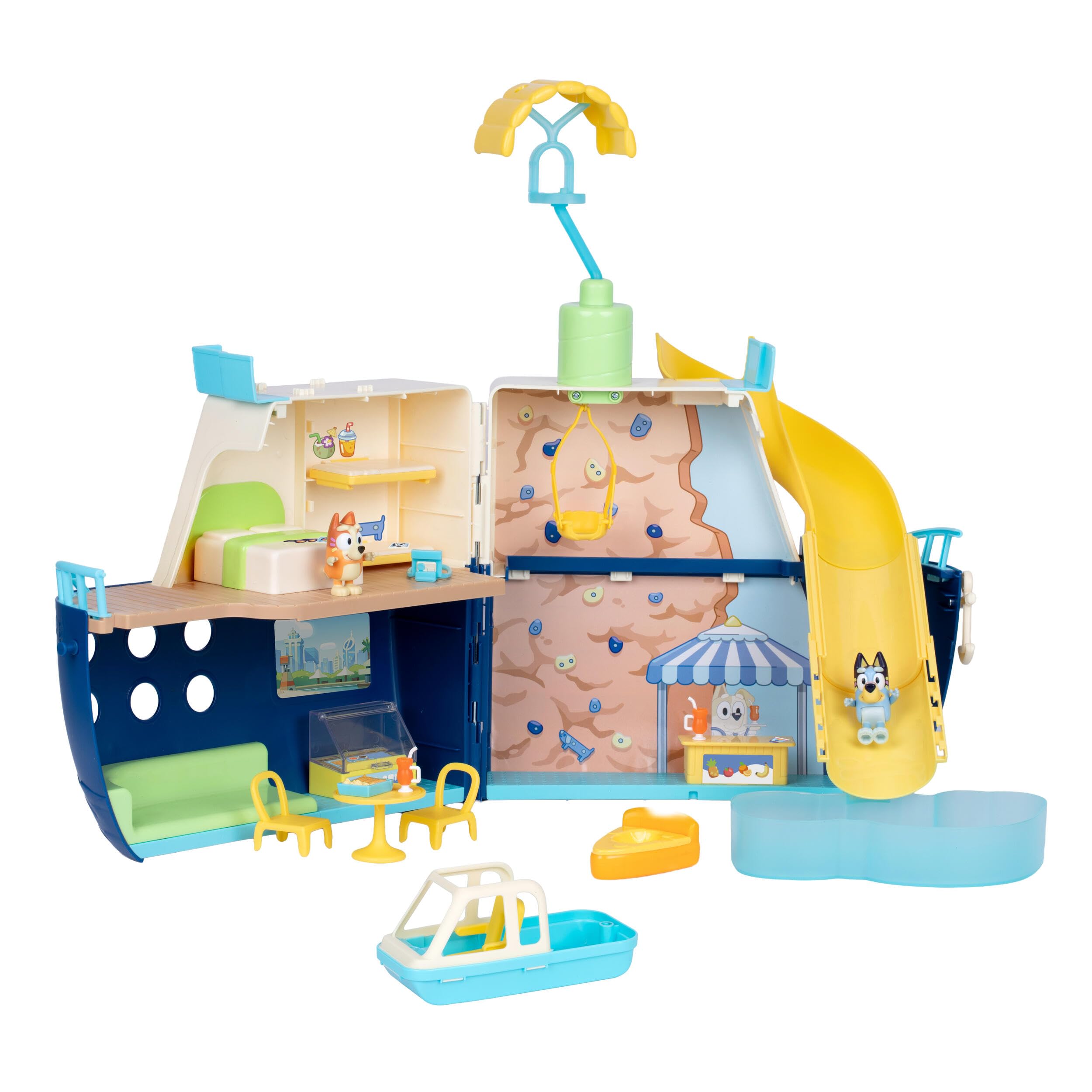 BLUEY Cruise Ship Playset with Slide, 15+ Accessories, 2 Figures | Opens to 23.8 inches wide with 5 play areas, detachable sp