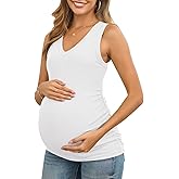Maternity Tank Tops for Women Summer Sleeveless V Neck Ribbed Knit Slim Fitted Blouse Side Ruched Pregnancy Shirts
