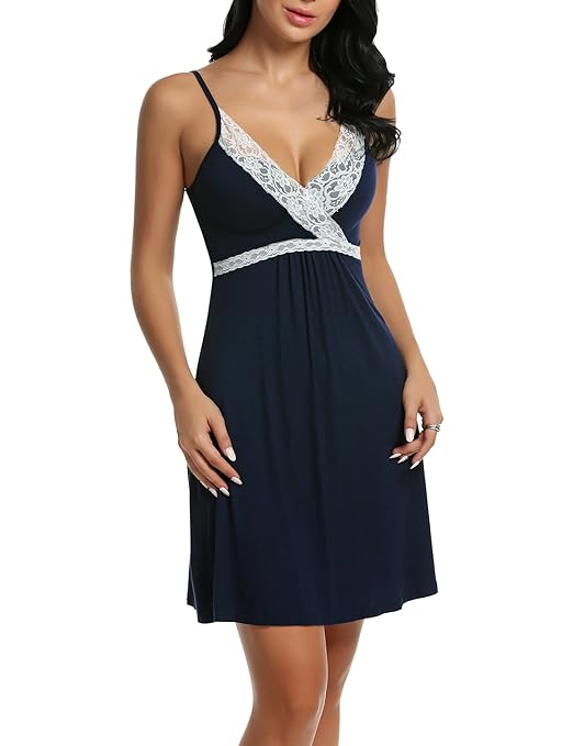 BeautyUU Damen Nachthemd Negligee Sexy Nachtkleid Baumwolle Unterkleid Kurz Spitze Nachtwäsche Sommer Bequem V Ausschnitt Trä