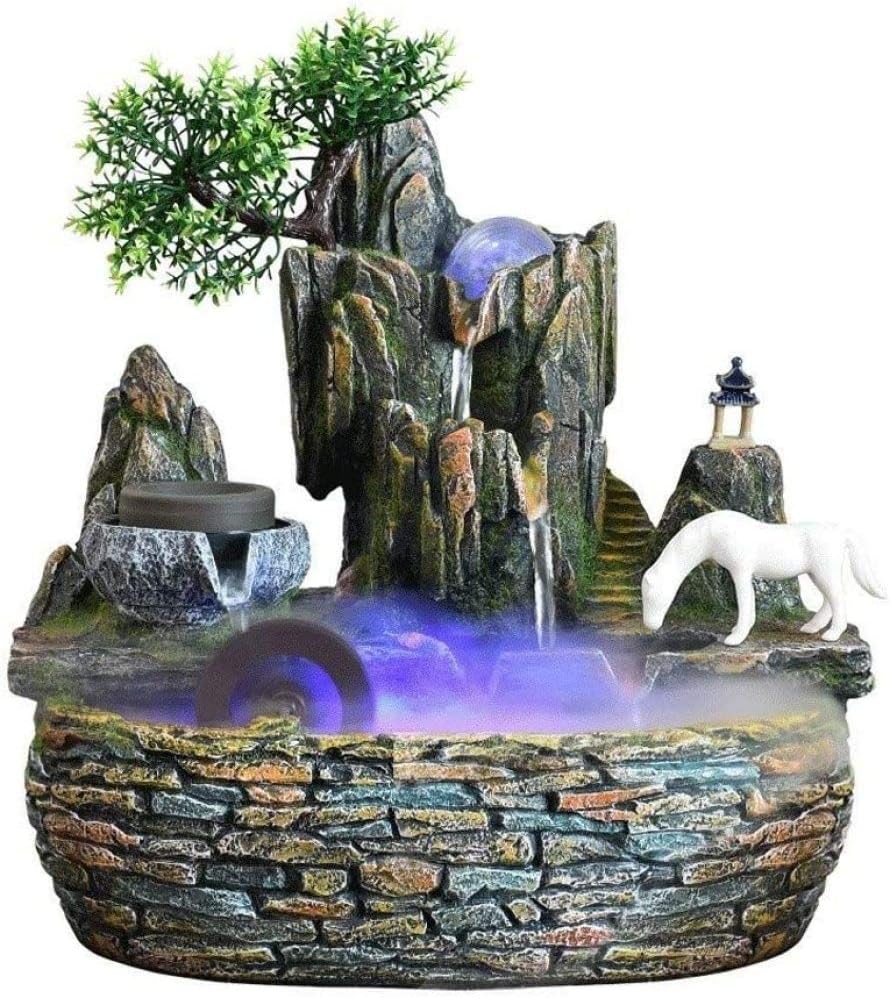 JINFAN Waterfall Desktop Water Fountain Indoor Outdoor Fountains Waterfalls Humidifier Fern Creek Forest Decoration Tabletop Fountains For Home Office Bedroom,WithFog