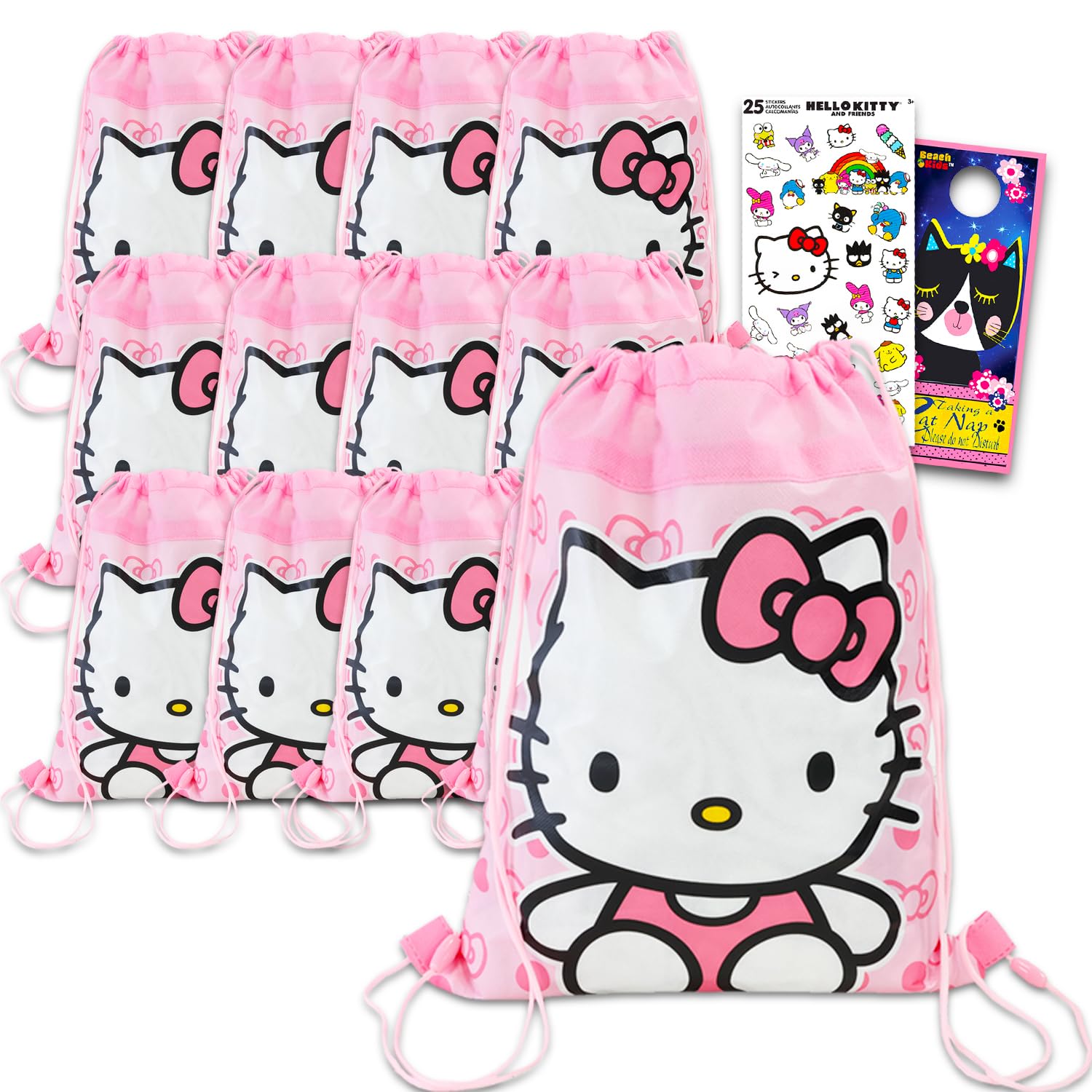 Photo 1 of Hello Kitty Party Favor Bags Set - Bundle Hello Kitty Drawstring Bags for Kids and Stickers | Sanrio Birthday Party Supplies