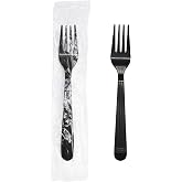Party Essentials Individually Wrapped Black Plastic Utensil Sets/Heavy Duty Flatware Packs, Fork, 100 Sets