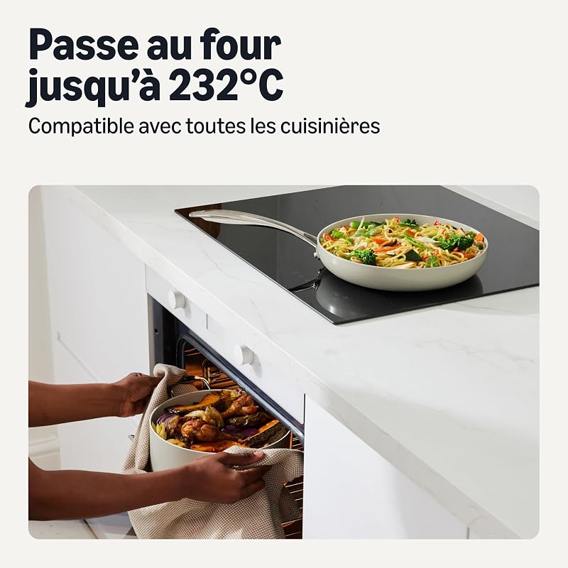 Lot de 8 Casseroles et Poêles Antiadhésives en Céramique, Compatible Lave-Vaisselle et Four, Compatible Tous Feux, Couleur Gris Lin