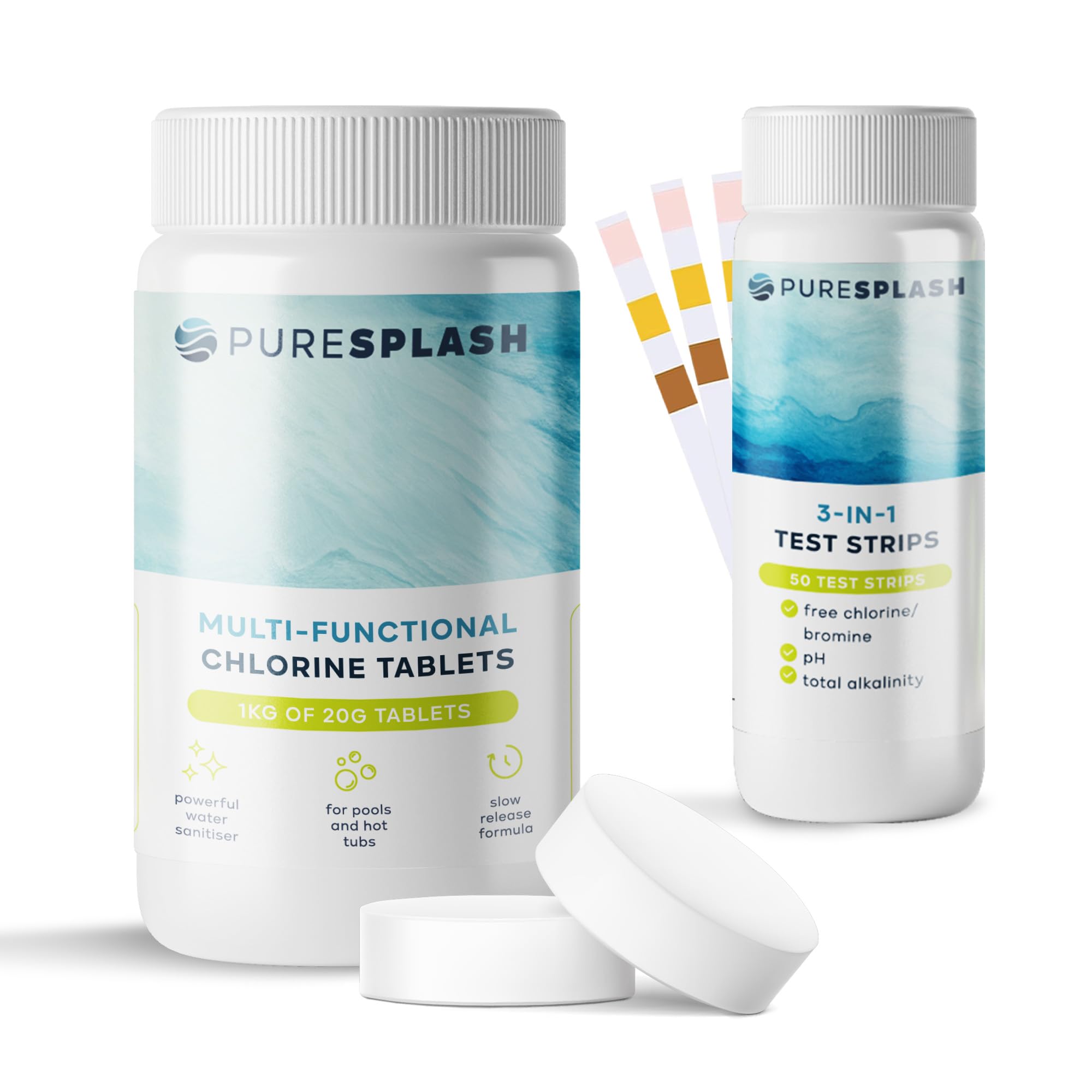 𝐏𝐔𝐑𝐄 𝐒𝐏𝐋𝐀𝐒𝐇! 1kg Chlorine Tablets with Water Test Strips – 4-in-1 Multifunction Hot Tub & Pool Sanitiser for Inflatable, Paddling & Above-Ground Pools | Algaecide, Stabiliser, Clarifier
