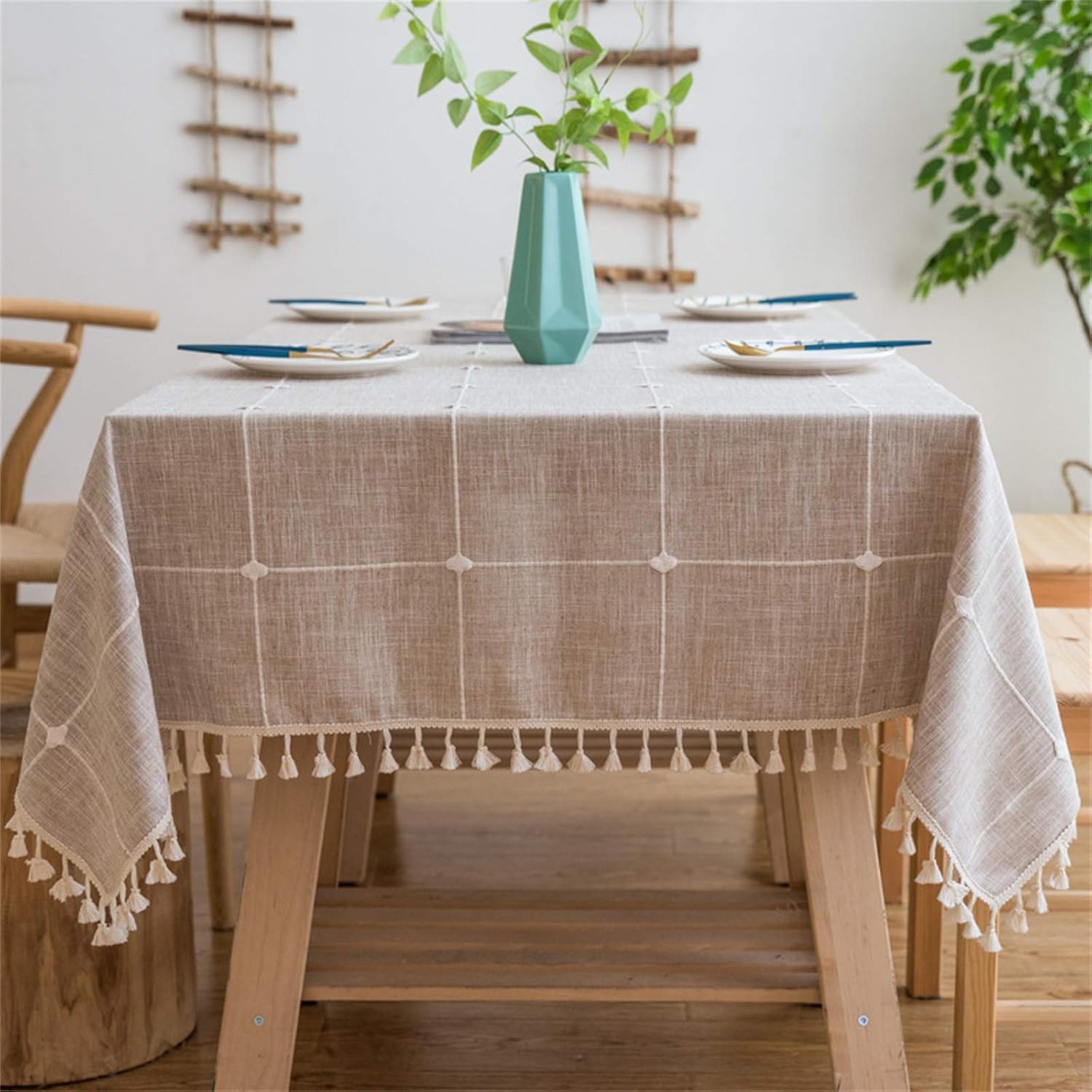 Vonabem Table Cloth Tassel Cotton Linen Table Cover for Kitchen Dinning Wrinkle Free Table Cloths Square (58''x58'', 4 Seats, Light Brown): Kitchen & Dining